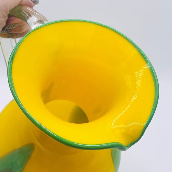 Large Vintage Hand Blown Glass Pitcher Bright Yellow & Green Mid-Century 1960s - Picture 6 of 12